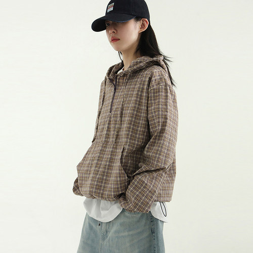韩国代购25S/S check zip-up neck hood anorak 格子连帽外套百搭 - 图0