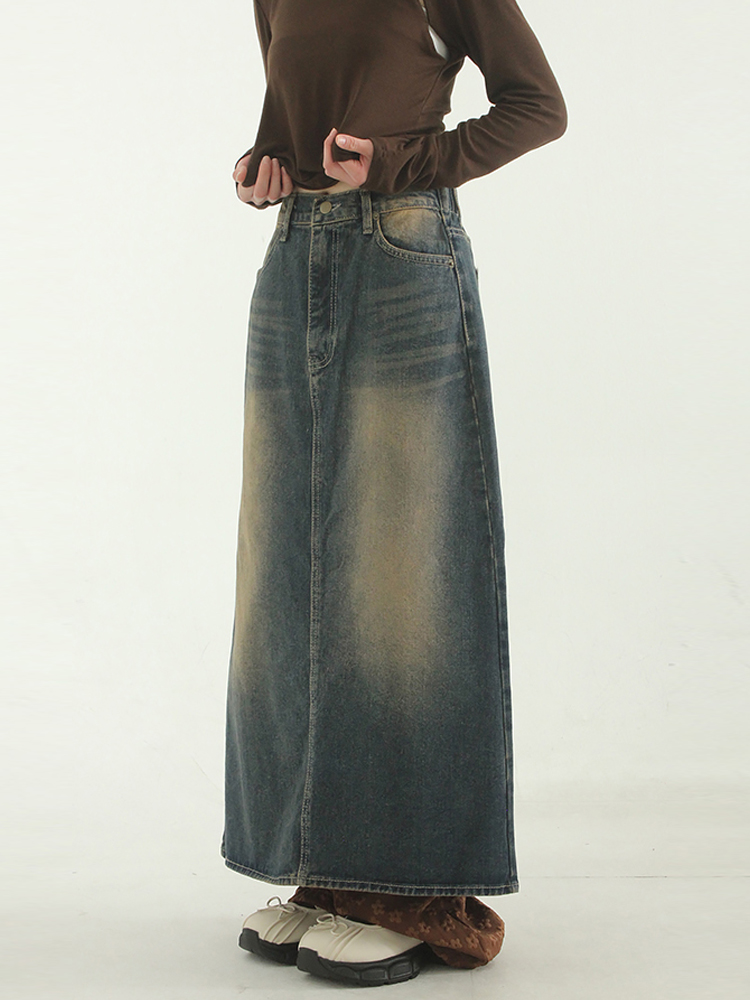 韩国代购23F/W brushed denim long skirt 水洗磨白牛仔裙复古女 - 图0