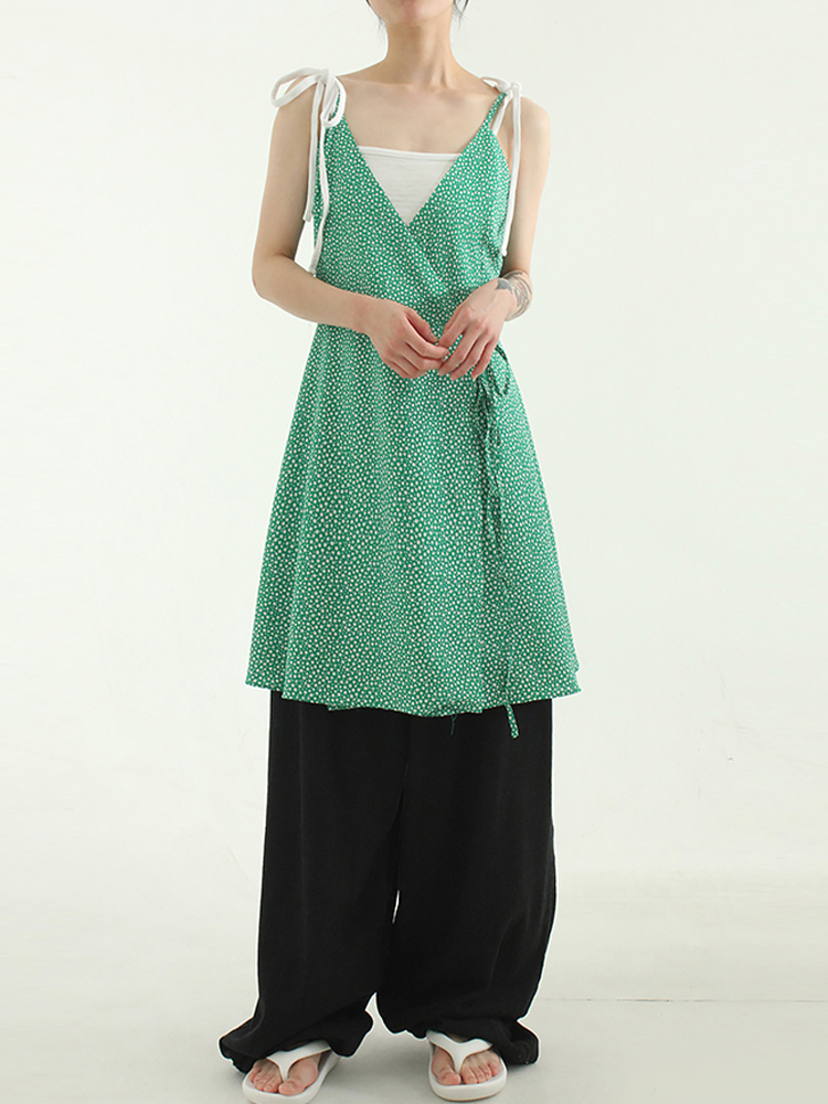 韩国代购23S/S floral sleeveless wrap ops V领碎花吊带裙系带女-图2