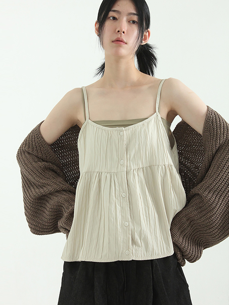 韩国代购23F/W pleated flare sleeveless top 褶皱系扣吊带上衣 - 图0