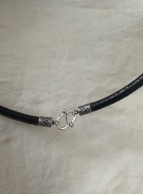 S925纯银扣复古做旧时尚4毫米黑色牛皮绳项链简约百搭颈链锁骨链
