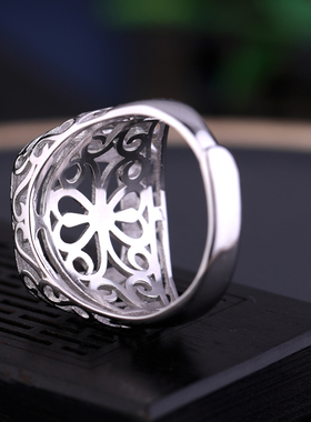 戒指空托男S925纯银松石镶嵌蜜蜡