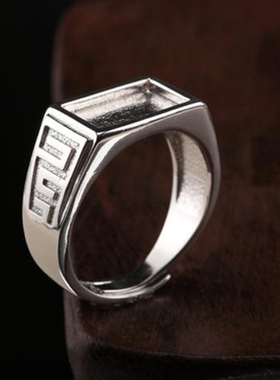 纯银戒托镶嵌绿松石活口方形男士