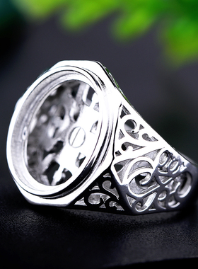 S925纯银戒指空托男镶嵌绿松石兽面蜜蜡南红椭圆形戒面戒托 12*15