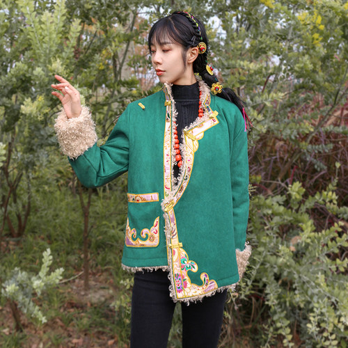 冬季藏式外套女西藏族服装藏袍绣花长绒保暖藏装上衣拉萨服民族风 - 图1