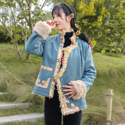 冬季藏式外套女西藏族服装藏袍绣花长绒保暖藏装上衣拉萨服民族风 - 图3