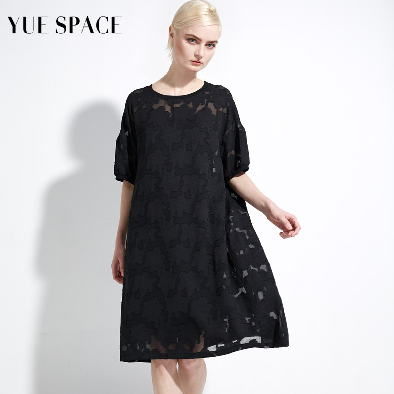 yuespace蕾丝衫圆领宽松中长款t恤 悦空间服饰蕾丝衫/雪纺衫