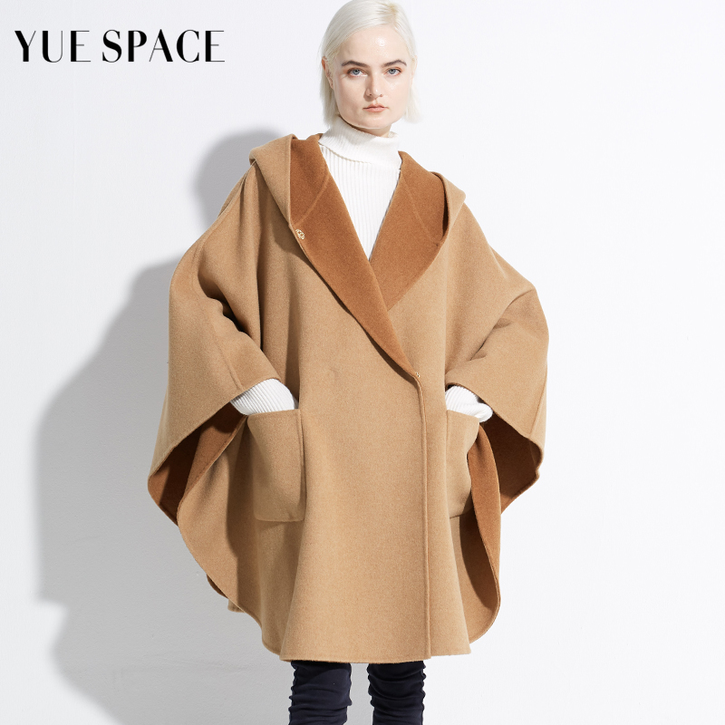 YUESPACE双面羊毛斗篷大衣连帽时尚宽松毛呢外套中长款女秋冬高端 - 图0