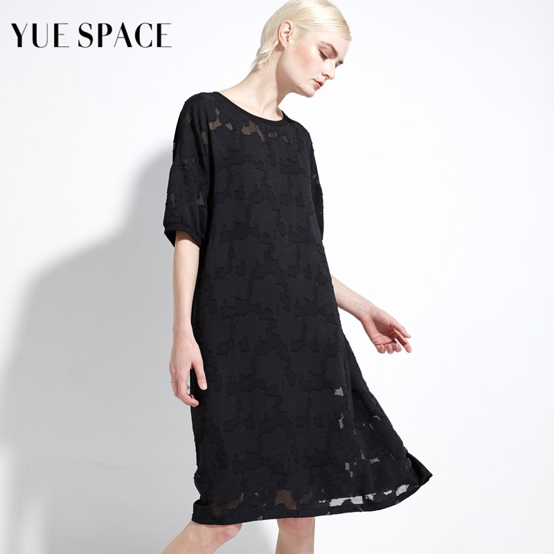 yuespace蕾丝衫圆领宽松中长款t恤 悦空间服饰蕾丝衫/雪纺衫