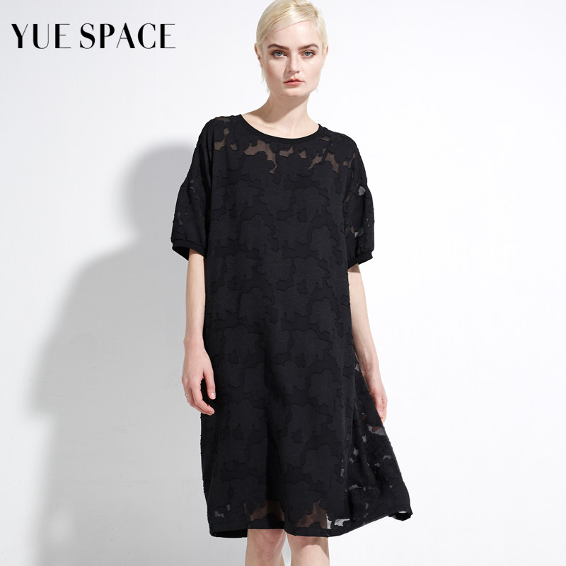 yuespace蕾丝衫圆领宽松中长款t恤 悦空间服饰蕾丝衫/雪纺衫