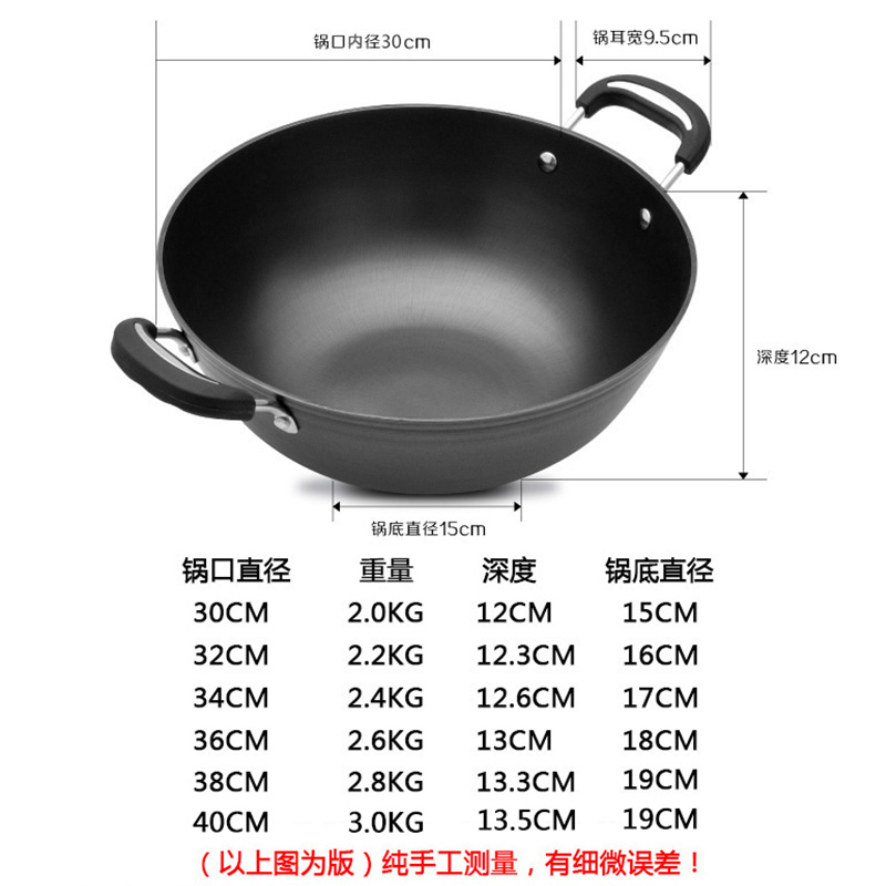 双耳炒锅纯生铁锅双耳大锅铸铁锅平底炒锅无涂层不粘锅电磁炉用锅 - 图1