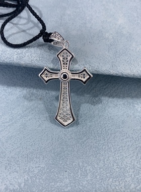 纯银项链男款潮流个性长款毛衣链罗马立体十字架吊坠