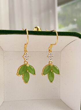 天然和田玉碧玉耳坠女S925银镶枫叶和田碧玉耳环