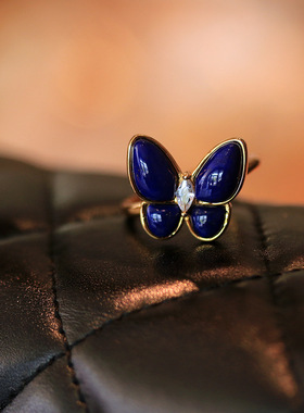 s925纯银镀金天然青金石蝴蝶戒指活口个性百搭设计款高级饰品女