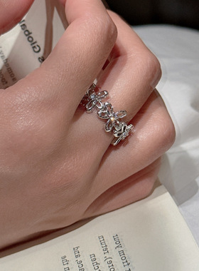 s925纯银小花戒指小众设计简约法式镂空花朵开口指环