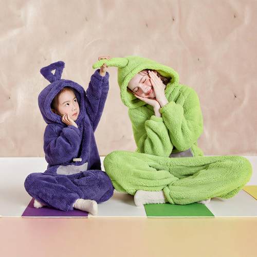 天线宝宝儿童连体睡衣法兰绒秋冬女童女孩加厚大童卡通可爱家居服 - 图0