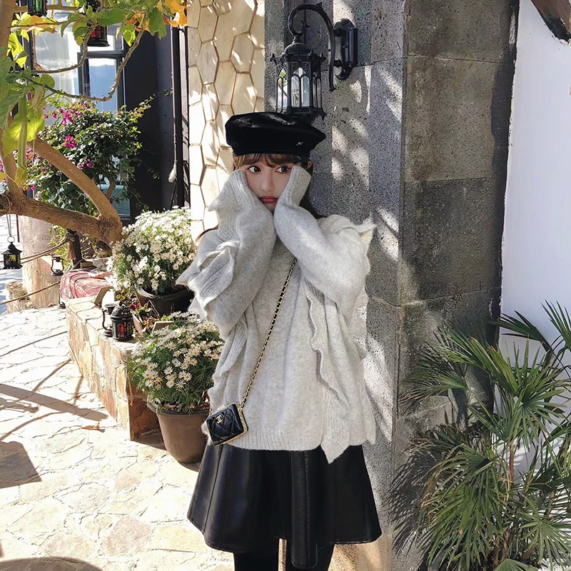 LANGBOOM  仙甜温柔塔  羊驼绒超美套头木耳边针织百搭毛衣 - 图0