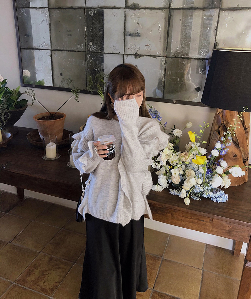 LANGBOOM  仙甜温柔塔  羊驼绒超美套头木耳边针织百搭毛衣 - 图1