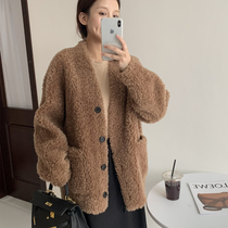 Australian lamb wool coat 2023 winter new fur integrated leather grass female medium length goat cut velvet v collar jersey