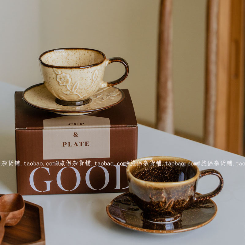 复古繁花窑变釉下彩陶瓷咖啡杯碟拿铁杯澳白杯拉花杯下午茶中古杯 - 图0