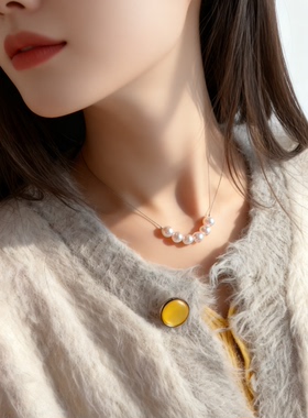 人造珍珠樱花粉微笑链项链正圆极光高级感轻奢小众设计感锁骨链