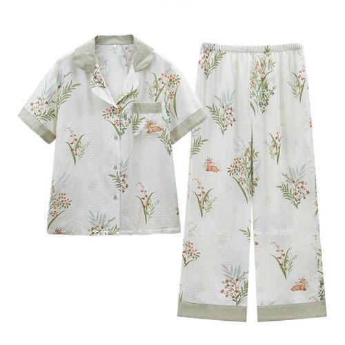 睡衣女夏季竹纤维纱布密境小鹿长袖短袖长裤春秋款竹棉家居服套装 - 图3