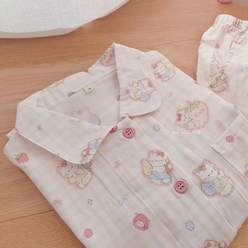 睡衣女夏季薄款短袖家居服纯棉纱布可外穿可爱卡通kitty居家服
