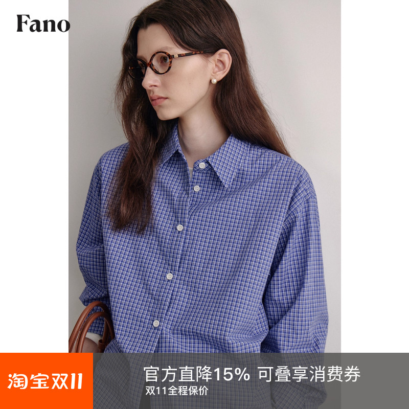 范洛复古学院风蓝色格子衬衫2025秋季新款高级感休闲宽松上衣女