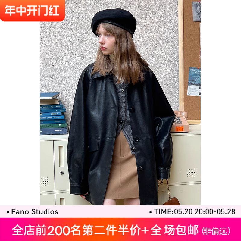 范洛2024春季新款慵懒复古风黑色翻领环保pu皮衣机车服夹克外套女