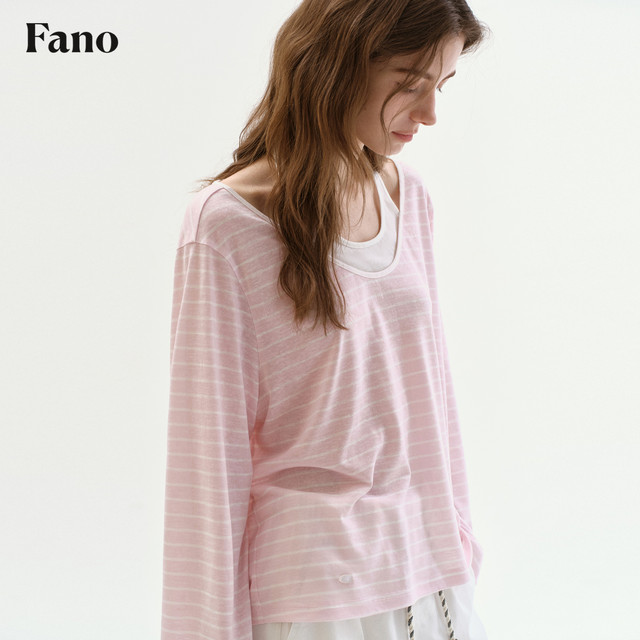 Fano ສີບົວແລະສີຂາວ striped ປອມສອງສິ້ນເສື້ອທີເຊີດແຂນຍາວ 2026 ພາກຮຽນ spring ໃຫມ່ວ່າງ shoulder halter neck blouse