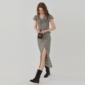 ພັດລົມ Luo 2024 ຮູບແບບລະດູຮ້ອນແບບຝຣັ່ງ checkerboard hollow dress ຂອງແມ່ຍິງອອກແບບແອວ slimming slit skirt