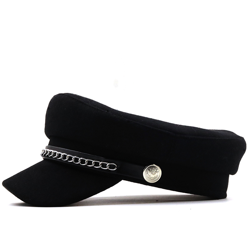 Military Berets Chain Army Cap 女士黑色平顶帽链子装饰鸭舌帽 - 图1