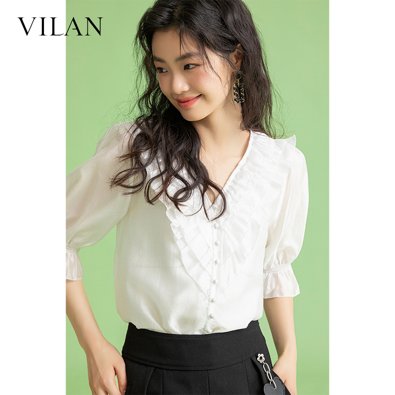 vilan/慧兰衬衫女气质夏季新款法式设计师感小众V领显瘦短袖衬衣 - 图2