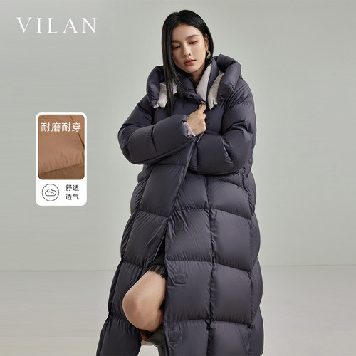 vilan/慧兰白鹅绒长款过膝羽绒服保暖连帽外套女 2025冬季新款 - 图0