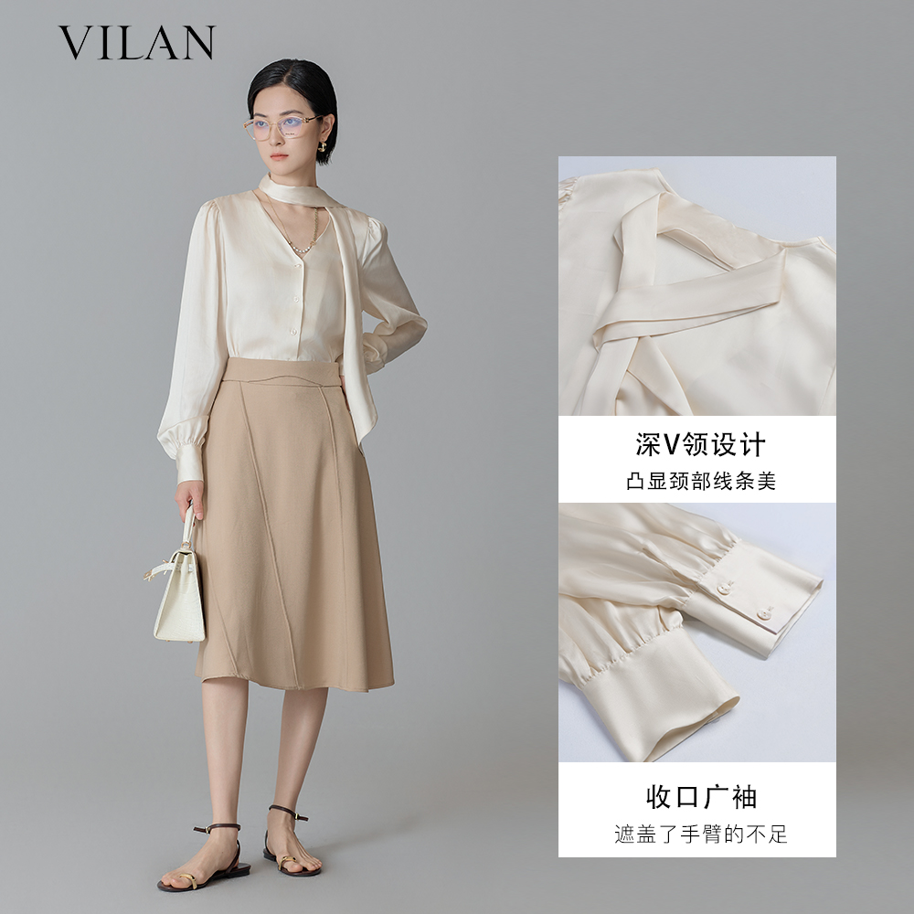 vilan/慧兰女装2024新款衬衫女雪纺上衣女气质高端飘带领漂亮小衫