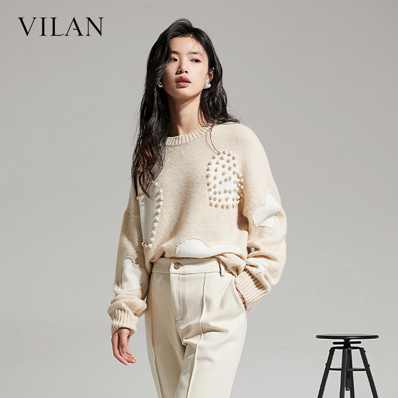 vilan/慧兰毛衣女气质春季新款通勤复古撞色开通圆领羊毛针织衫女 - 图2