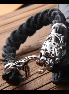 真皮手链机车风格潮男朋克设计豹子头粗旷个性正品925银饰 时尚