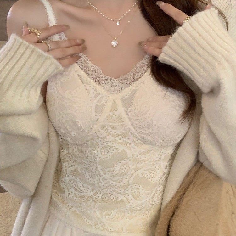 法式辣妹白色蕾丝带胸垫加绒吊带背心女保暖打底内搭美背上衣,淘宝优惠券,粉丝福利购,淘宝优惠卷