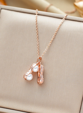 韩版跨境热卖钛钢项链女小众微镶高级珍珠花生吊坠轻奢锁骨链饰品