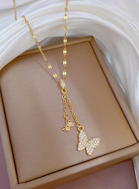 【钛钢】蝴蝶重工项链女铜微镶真金电镀Ins网红精致锁骨链脖链