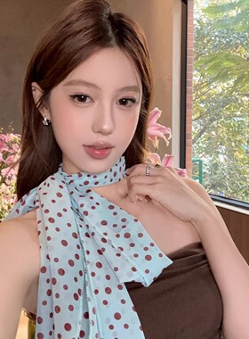 韩系蓝咖撞色波点长条丝巾女高级感时尚系脖颈带春夏清新甜美配饰
