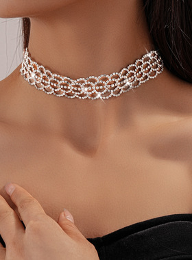 欧美跨境夸张镶钻蝴蝶结项链轻奢高级感锁骨链时尚精致气质项饰女