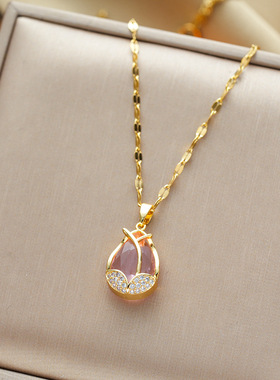 精致猫眼石郁金香钛钢项链女百搭轻奢小众设计感新款潮时尚锁骨链