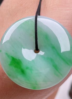 天然冰种缅甸翡翠平安扣挂件晴水飘绿花真玉男女玉石项链吊坠坠子