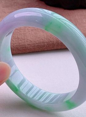 春带彩冰糯种缅甸处理翡翠手镯紫罗兰阳绿飘花玉器手镯女款玉镯子