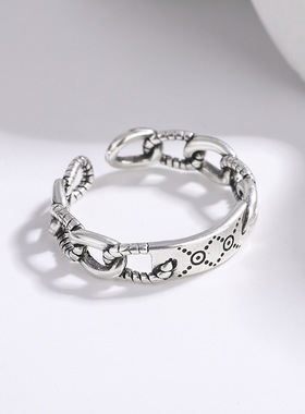 复古做旧潮流时尚链条戒指个性小众设计简约ins镂空泰银指环 饰品