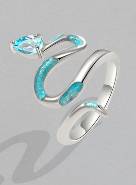 02415欧美跨境新款滴油青蛇开口戒指男女个性冷淡风镀银灵蛇指环