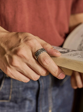 02227国潮复古裂痕原创上上签戒指男潮泰银手工制作开口百搭指环