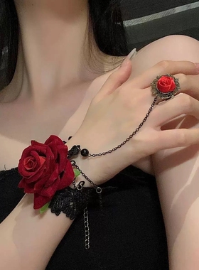 韩版饰品复古街头朋克时尚蕾丝手链带玫瑰花朵戒指一体链新娘包邮