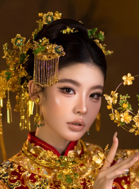 水舞U2346 中式金绿色新娘秀禾服头饰古典发钗结婚龙凤褂发饰配饰